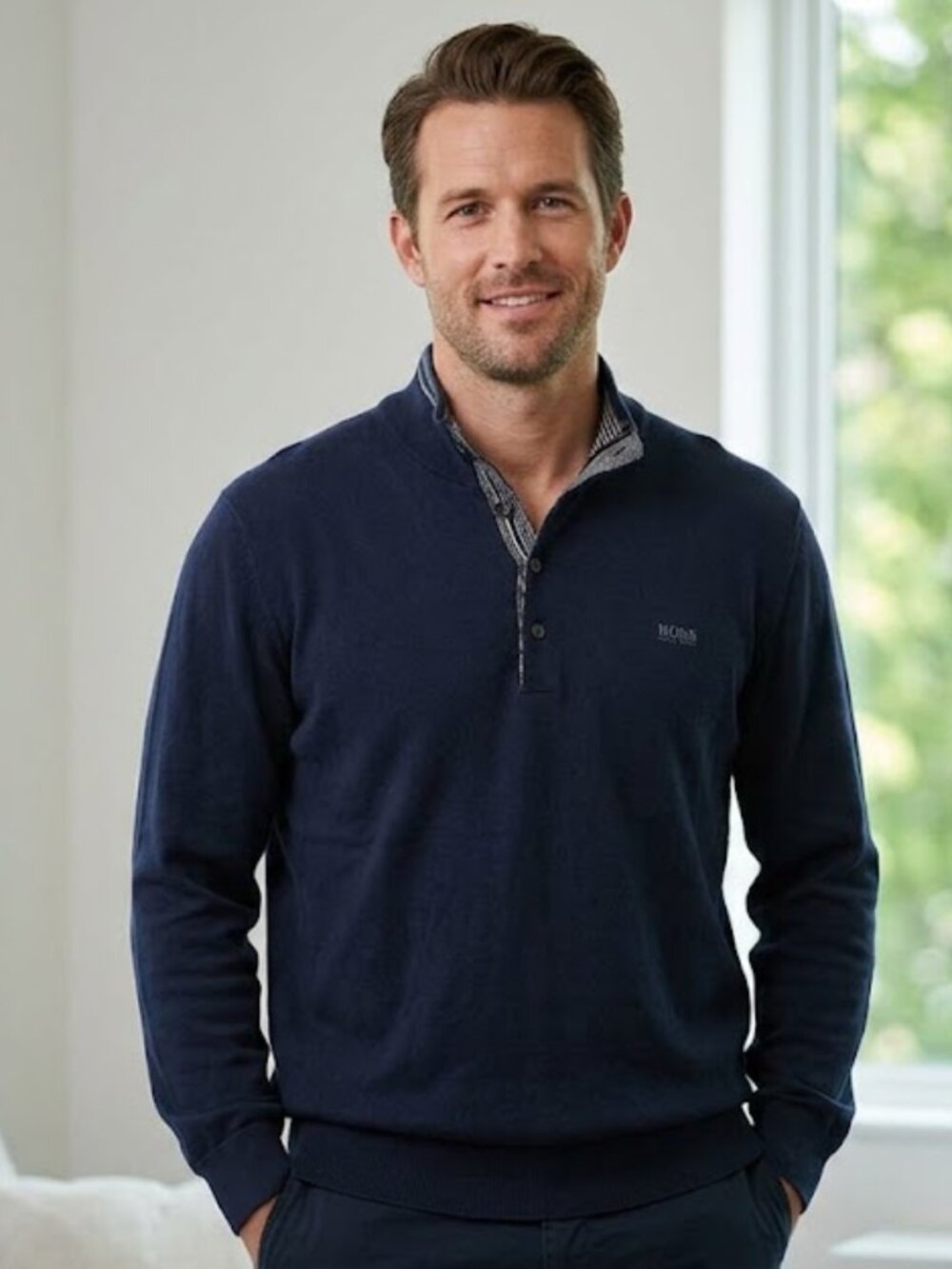 BOSS Hugo Boss Men's Navy Blue Henley Pullover Sweater Size L